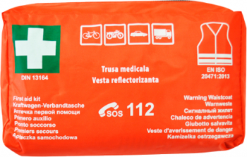 Trusa medicala de prim ajutor MINI in conformitate cu DIN 13164 in borseta imprermeabila portocalie de dimensiuni reduse valabilitate 5 