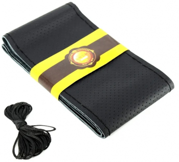Husa volan cu ac si ata din piele cu gaurele marime L culoare Negru PREMIUM Cod LUXFST01 