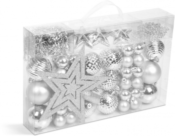 Set 66 Decoratiuni pentru Bradul de Craciun cu Globuri Stea Ghirlanda si Margele Culoare Argintiu 