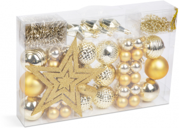 Set 66 Decoratiuni pentru Bradul de Craciun cu Globuri Stea Ghirlanda si Margele Culoare Auriu 