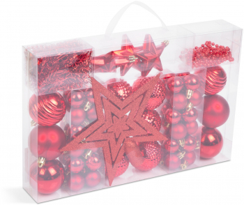 Set 66 Decoratiuni pentru Bradul de Craciun cu Globuri Stea Ghirlanda si Margele Culoare Rosu 