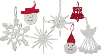 Set 7 globuri crosetate pentru bradul de Craciun HANDMADE bumbac mercerizat premium alb si rosu 