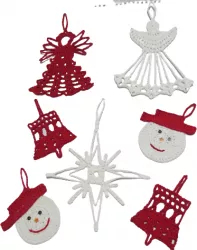 Set 7 globuri crosetate pentru bradul de Craciun HANDMADE bumbac premium alb si rosu 