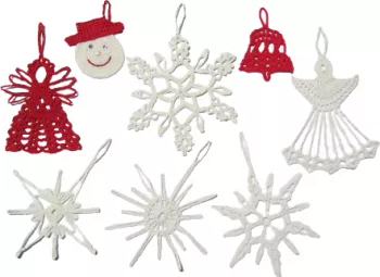 Set 8 globuri crosetate pentru bradul de Craciun HANDMADE bumbac mercerizat premium alb si rosu 