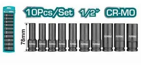 Set 10 buc tubulare lungi de impact TOTAL 78mm CrM - TOTAL - SET 10 BUC TUBULARE LUNGI DE IMPACT 78MM CRMO 1/2 10 12 13 14 15 17 19 21 22 