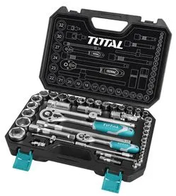Trusa de chei tubulare TOTAL Industrial - 44 piese - TOTAL - TRUSA DE CHEI TUBULARE 1/2+1/4 CU ANTRENOR 44 PIESE INDUSTRIAL 