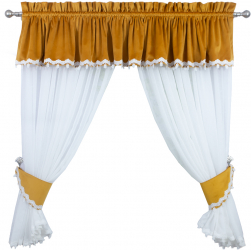 Perdea bucatarie bumbac alb cu volan din catifea culoare mustar cu dantela alba 280x140 