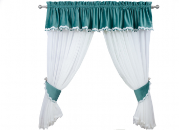 Perdea bucatarie bumbac alb cu volan din catifea culoare verde pastel cu dantela alba 280x140 