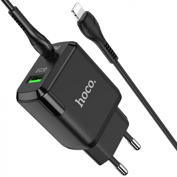 Incarcator de Retea USB-A Type-C Q.C 3.0 PD 20W 3A + Cablu Compatibili Lightning I446 Negru 