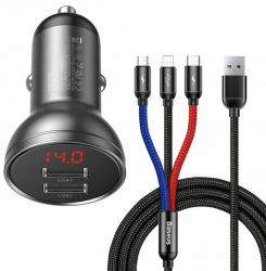 Incarcator Auto 2xUSB + Cablu 3in1 Digital Display G344 Black 