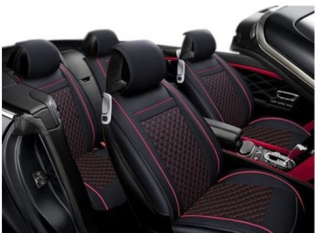 Set 12 huse scaune auto universale piele ecologica negru si cusatura rosie fata-spate 