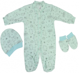 Set 3 piese salopeta cu maneca lunga caciula si manusi pentru baieti Minipety 0068-17 Turcoaz 