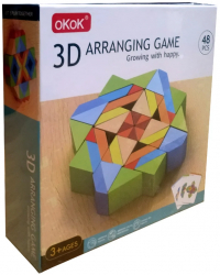 Set 48 piese geometrice 3D din lemn si 10 carduri cu modele imprimate fata-vero mozaic Montessori multicolor + 3 ani 
