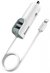 Incarcator Auto Baseus Universal 2xUSB 5 5A + Cablu Compatibil cu iPhone Lightning Alb 