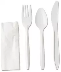 Set de 100 tacamuri de unica folosinta din plastic furculita cutit lingura servetel alb