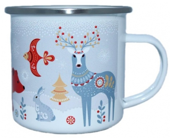 Cana emailata cu model de iarna in padure 350 ml alb