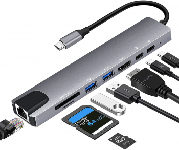 Hub Adaptor Multiport 8 in 1 USB-C 3.1 Axeloni ® la HDMI 4K / LAN RJ45 Ethernet / Type C Port / USB 3.0 / Power Delivery Port 100W / TF 