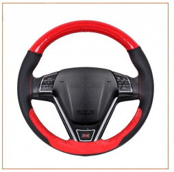 Husa volan cu ac si ata din piele cu gaurele marime M culoare rosu+carbon si cusatura rosie PREMIUM Cod LUXFST02 