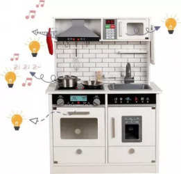 Bucatarie de lemn pentru copii PROCART iluminata efecte sonore 4 accesorii incluse design vintage 65x97.5x30 cm alb 