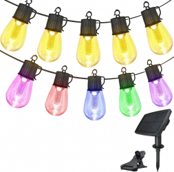 Ghirlanda luminoasa LED cu panou solar de 15 m 25 becuri 8 moduri iluminare incarcare duala impermeabila IP 65 alb cald si multicolor 