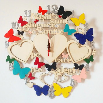 Ceas cadou pentru nasi cu fluturi multicolor si sclipici inimioare rame foto 38 cm OMIS175 - 23h Events 