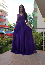Rochie de ocazie lunga din voal fin si dantela cu maneci trei sferturi culoare mov inchis AGB025 - - 23h Events 