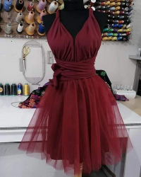 Rochie versatila scurta cu tulle visiniu lycra domnisoare de onoare ACD1415 - 23h Events