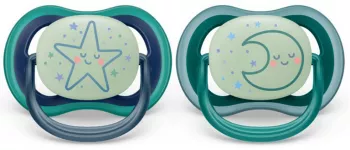 Set 2 suzete ortodontice din silicon Philips Avent Ultra Air Nightime SCF376 13A Albastru 