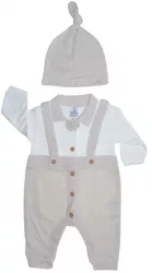 Set 2 piese salopeta cu maneca lunga si caciula pentru baieti Bebelinna BL6353-56 Bej 