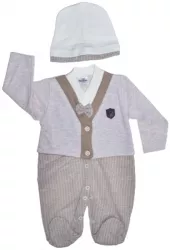 Set 2 piese salopeta cu maneca lunga si caciula pentru baieti Bebelinna S020823-3-62 Bej 