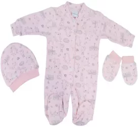 Set 3 piese salopeta cu maneca lunga caciula si manusi pentru fete Minipety 0068-15 Corai 