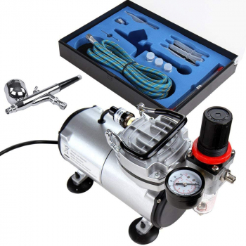 Set aerograf cu compresor cu regulator si filtru airbrush cu pipete furtun si duze 0 2 0 3 0 5 mm cu rezervor de 7 ml 
