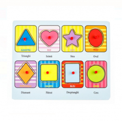 Puzzle educativ din lemn Forme geometrice cu butoni 8 piese &ndash 22x18 cm 3 ani +