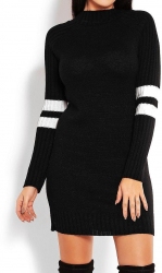 Rochie dama Misha cu guler tricotata scurta acryl universala negru cu alb 