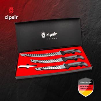 Set cutite de carne si peste lama curbata otel german rezistent la apa sarata cu teaca ascutitor si cutie 
