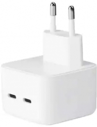 Adaptor retea Apple Dual Port USB-C 35W cu incarcare rapida pentru iPhone iPad MacBook AirPods si Apple Watch alba 