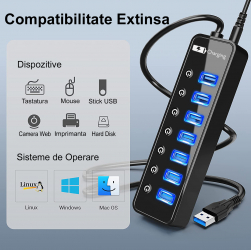 Hub USB 3.0 7 Porturi Incarcare Rapida 5V/3A Buton Individual de Pornire/ Oprire Iluminare LED Negru