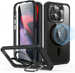 Husa pentru iPhone 15 Pro + Folie Armor Tough Kickstand HaloLock Z24 Clear Black 