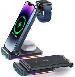 Incarcator wireless 3in1 pliabil compatibil cu Apple pentru telefon casti si ceas 15W conector USB Type-C 1m lungime cablu Negru 