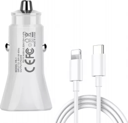 Kit Incarcator auto + cablu USB-C la Lightning pentru Apple 20W 1m Alb 