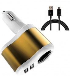 Set Adaptor priza auto pentru dispozitive 2xUSB Alb-auriu + cablu de date microUSB negru 