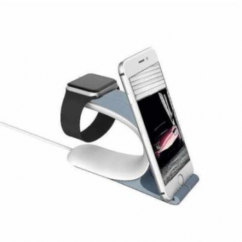 Suport de birou ergonomic 2 in 1 compatibil cu Apple Watch si iPhone Alb-Gri 