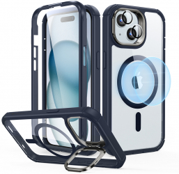 Husa Cu Grad Ridicat de Protectie pentru iPhone 15 Plus + Folie Precision Fit Y379 Hard Plastic Crystal Clear Dark Blue 