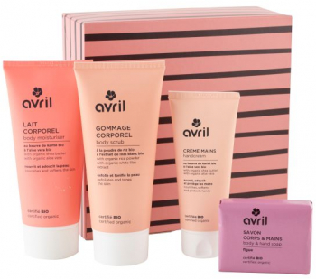 Set cosmetice bio VOYAGE DES SENS cu produse de ingrijire organice Avril Scrub de corp Lotiune de corp hidratanta crema de maini si sapun 