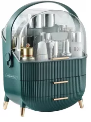 Organizator cosmetice INVINCIO Vintage cu suport pensule stil retro cu detalii aurii 3 spatii depozitare cu 2 sertare si capac transparent 