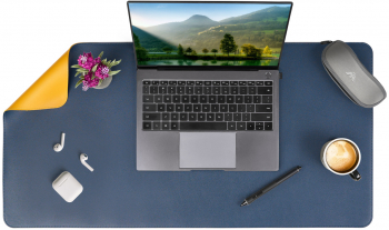 Mousepad XXL pentru protectie birou din piele pu impermeabil cu doua fete Albastru Bleumarin/Galben 80x40cm 