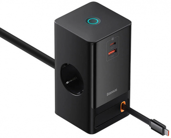 Incarcator retea tip prelungitor Baseus Power Combo USB/USB-C 2 prize 65W Lungime cablu 1.5m Negru 