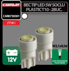 Bec tip LED 12V 1W soclu plastic T10 W2 1X9 5d 2buc Carpoint - Alb focalizat 