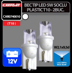 Bec tip LED 12V 5W soclu plastic T10 W2 1X9 5d 2buc Carpoint - Alb dispersat 