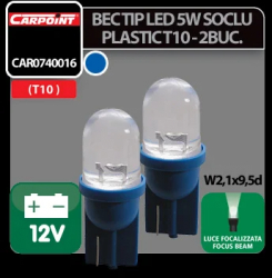 Bec tip LED 12V 5W soclu plastic T10 W2 1X9 5d 2buc Carpoint - Albastru focalizat 